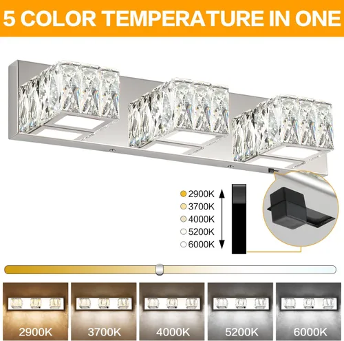 Miniatura 3 de Lámpara LED de baño – Moderna lámpara de tocador de cristal de 3 luces – Lámpara de pared cromada para baño 5CCT regulable