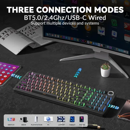 Miniatura 3 de AULA F99 Pro Teclado mecánico inalámbrico - Versión silenciosa, BT5.0/2.4GHz/USB-C Personalizable intercambiable en caliente, Estructura con junta