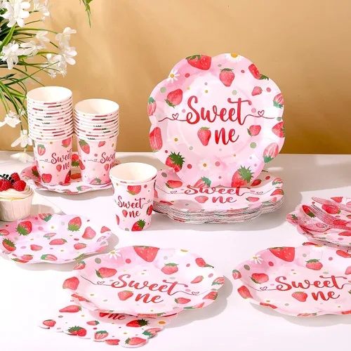 Miniatura 4 de Decoraciones de primer cumpleaños de fresa para niña, platos de primer cumpleaños de fresa para 24, platos de fresa, decoraciones de primer