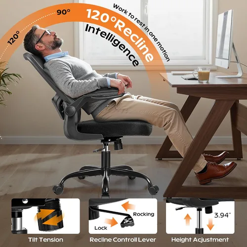 Miniatura 4 de Silla de oficina ergonómica 2026 – Silla de escritorio de malla con reposabrazos abatibles, altura ajustable y lumbar, cómodas sillas de computadora