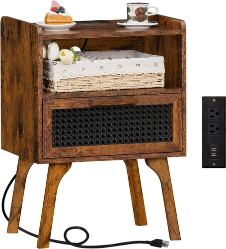 Miniatura 11 de Lerliuo Mesita de noche de ratán con estación de carga, Mesa auxiliar bohemia con cajón y estante abierto, Mesa auxiliar con acento de caña