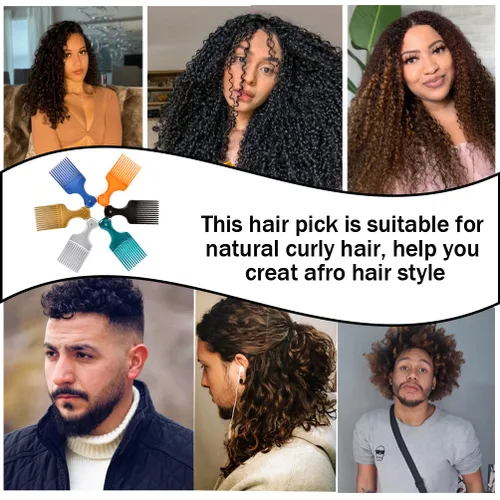 Miniatura 7 de Paquete de 6 púas afro de dientes anchos para peinado rizado, peines afro de plástico de 6.3 pulgadas para mujeres y hombres (6 colores)
