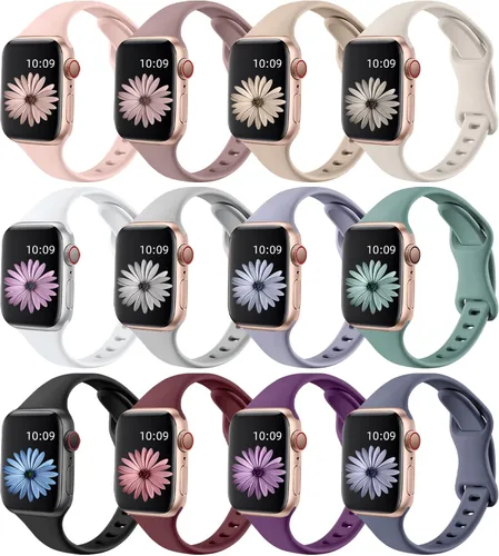 Lerobo - Paquete de 12 bandas delgadas compatibles con Apple Watch de 38, 40, 41, 42, 44, 45, 46 y 49 mm, unisex, correa deportiva de silicona suave