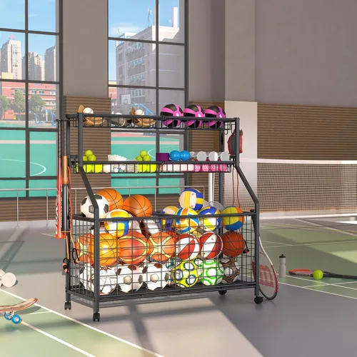 Miniatura 8 de Estante de almacenamiento de bolas, carrito organizador de equipo deportivo grande para garaje, gimnasio en casa, almacenamiento de equipo deportivo