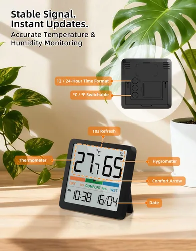 Miniatura 3 de NOKLEAD Termómetro higrómetro para interiores, mini monitor digital de temperatura y humedad de escritorio con indicador de comodidad y reloj