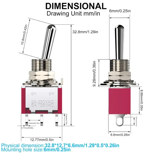Miniatura 3 de Interruptor de palanca AC 5A/125V 2A/250V 3 pines On/On 2 Posiciones SPDT Mini Interruptor de palanca miniatura Tablero de salpicadero de coche