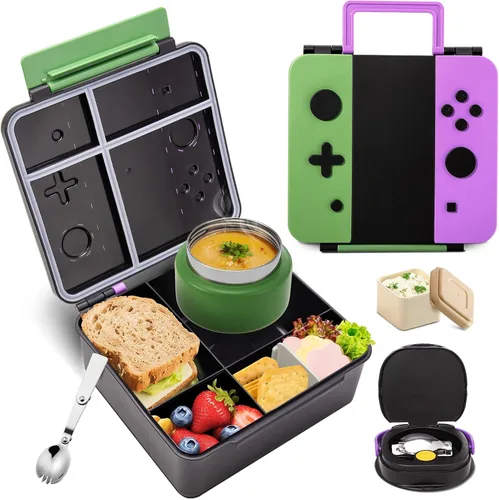 Miniatura 8 de Caja Bento Game para niños, lonchera con termo (tarro de comida de 9 onzas), cuchara plegable, divisor extraíble y taza de salsa, lonchera infantil