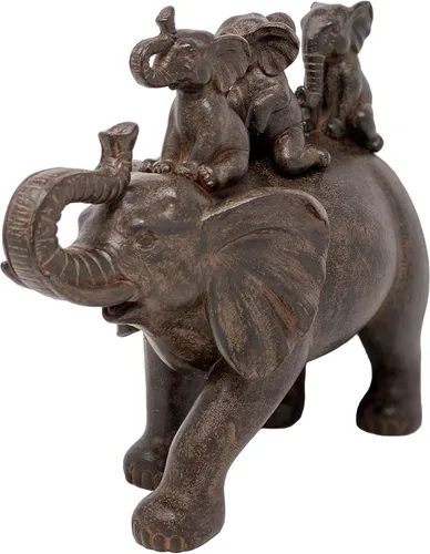 Miniatura 4 de Nature's Mark Estatua de resina de 8 pulgadas de alto, 3 elefantes montando un elefante, decoración decorativa para el hogar (marrón)