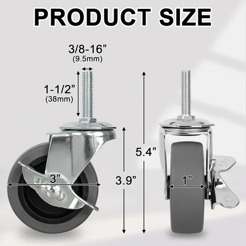 Miniatura 2 de AAGUT Ruedas giratorias, 3 pulgadas, goma resistente, 3/8 pulgadas, 16 x 1-1/2, vástago roscado, ruedas industriales, frenos de bloqueo, rueda