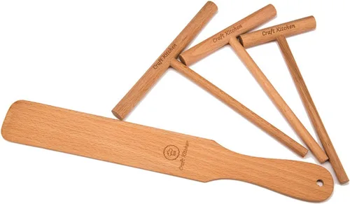 Juego de esparcidor y espátula de crepé, 4 piezas (espátula de crepé de 14 pulgadas y 3.5 pulgadas, 5 pulgadas, 7 pulgadas), madera de haya natural