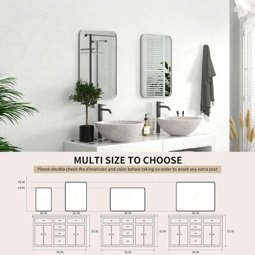 Miniatura 6 de PAIHOME Espejo de baño de níquel cepillado de 16 x 24 pulgadas para pared, espejo de baño con marco plateado de acero inoxidable 304, espejo