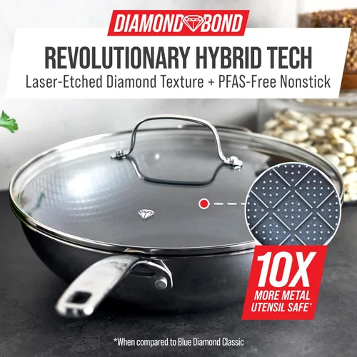 Miniatura 2 de Blue Diamond - Set de ollas de acero inoxidable antiadherente híbrido de 12", con tapa, wok, sin PFAS, con enlace de diamante cerámico, apto