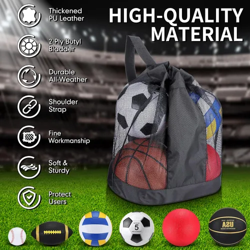 Miniatura 3 de Leyndo Juego de 18 Pelotas Deportivas a Granel Baloncesto Fútbol Americano Voleibol Fútbol Soccer Parque Infantil Béisbol con Bolsa de Equipo Negro