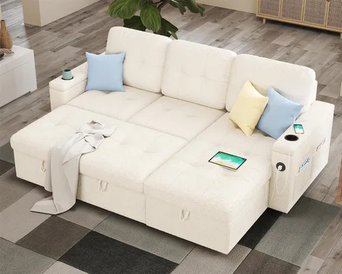 PaPaJet Sofá cama modular de 84 pulgadas, sofá cama extraíble con diván de almacenamiento, sofá cama convertible copetudo con 2 USB y portavasos,