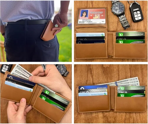 Miniatura 4 de Billetera plegable personalizada de piel auténtica para hombre, con bloqueo RFID, con ventana de identificación, tarjetero de cuero genuino