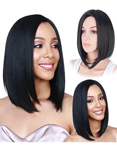 FCHW - Pelucas cortas sintéticas rectas, estilo Bob, con flequillo, para mujeres de cabello negro