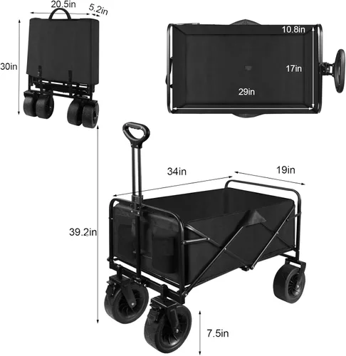 Miniatura 2 de Carrito plegable plegable de gran capacidad para exteriores, carrito de jardín con ruedas todo terreno y bolsillos laterales, carrito de playa