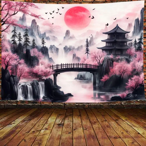 Viajar Japanese Cherry Blossom Tapestry, Pink Sakura Landscape Wall Hanging with Red Moon Pagoda Bridge Waterfall, Asian Aesthetic Wall Decor for