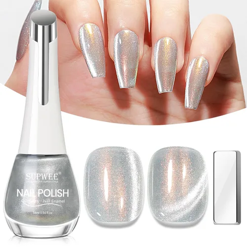Aurora - Esmalte de uñas magnético plateado sin gel, esmalte de uñas de ojo de gato de secado rápido con imán para uñas de secado al aire, esmalte
