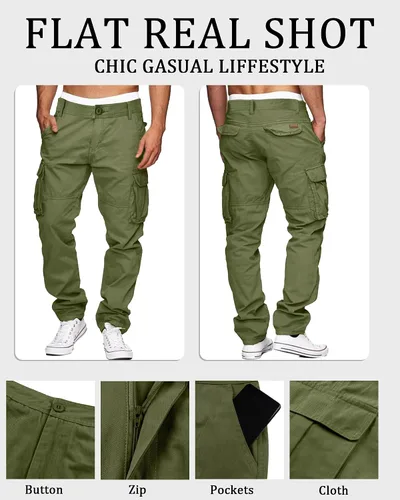 Miniatura 3 de LVCBL Pantalones cargo para hombre, de algodón, ajuste relajado, con múltiples bolsillos para hombre