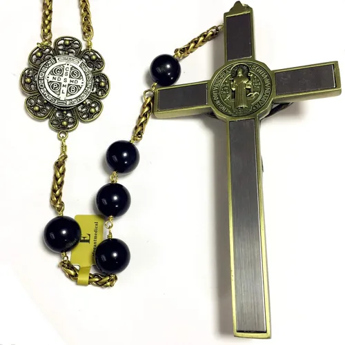 Miniatura 5 de elegantmedical Caja de regalo católica de cruz de rosario grande hecha a mano con cuentas de obsidiana de oro negro de 0.787 in, Obsidiana dorada