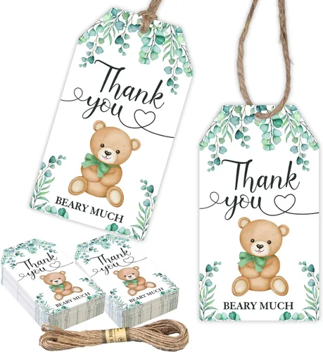 Miniatura 7 de Etiquetas de agradecimiento de oso, 50 etiquetas de regalo azules con cuerda para baby shower, etiquetas de regalo de agradecimiento para celebrar