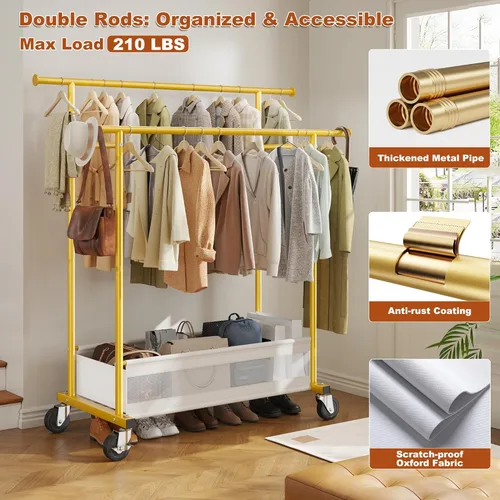 Miniatura 3 de Perchero de ropa para colgar ropa, perchero portátil con ruedas, perchero de ropa de doble barra con cesta de almacenamiento, perchero