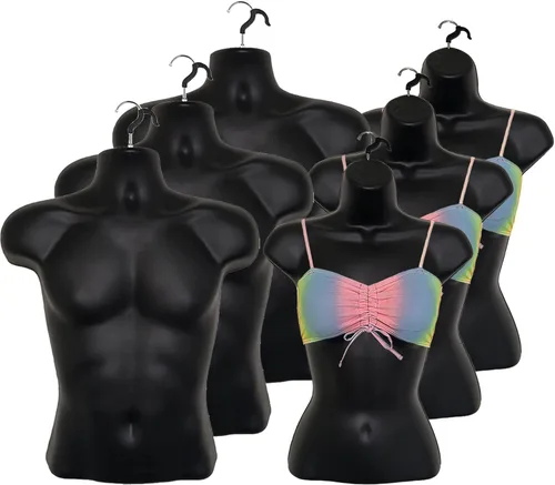 Miniatura 13 de Maniquí negro para hombre + mujer negra, forma de inyección, cintura media redondeada, cuerpo torso, forma de vestido con ganchos para colgar