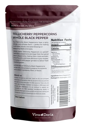 Miniatura 2 de Viva Doria Tellicherry Peppercorn, Pimienta negra entera esterilizada al vapor, 12 Oz Negro Peppercorns para Recarga de Molinillo