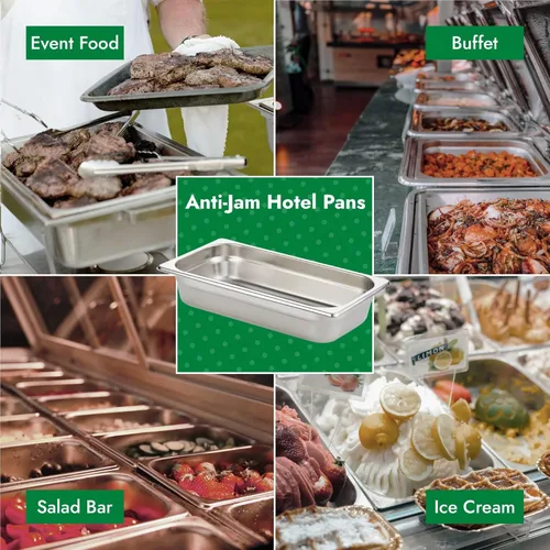 Miniatura 6 de HECMAC Paquete de 6 bandejas de hotel antiatascos, tamaño 1/3 de 2 1/2 pulgadas de profundidad, bandeja para chafing de mesa de vapor de acero 34/36