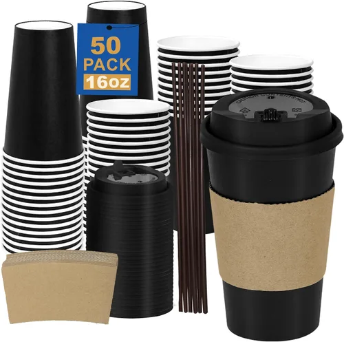 Miniatura 28 de Paquete de 100 tazas de café desechables de pared ondulada corrugada de 16 onzas con tapas y pajitas, tazas aisladas resistentes para bebidas