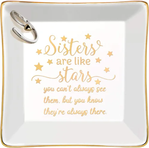 JoycuFF Regalos para hermanas para mujeres, plato decorativo para anillos, bandeja de cerámica para joyas, decoración del hogar, las hermanas son