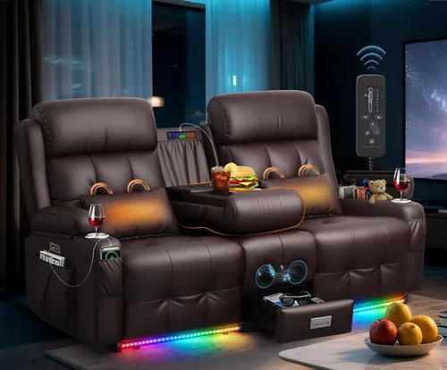 Miniatura 35 de Sofá reclinable biplaza, asiento de cine en casa de 4 plazas, sofá reclinable con USB, consola central, sillón reclinable de pared para caravana