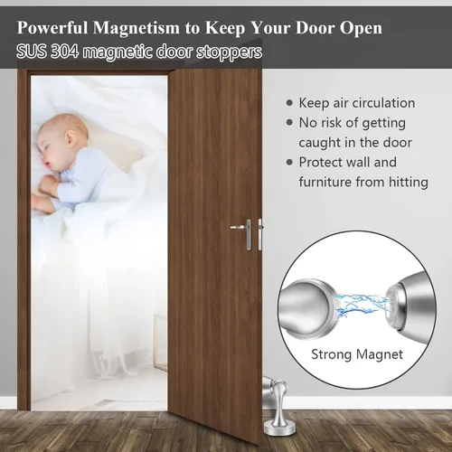 Miniatura 4 de Paquete de 4 topes magnéticos para puerta, topes de puerta de acero inoxidable, soporte magnético de pared para piso, resistente y moderno, plateado