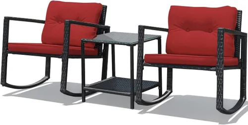 Miniatura 9 de DORTALA Juego de muebles de patio de 3 piezas, mecedora de ratán y mesa de centro de cristal con cojines, juego de 3 muebles de mimbre para Negro