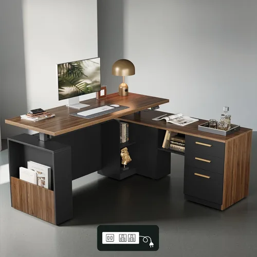 Miniatura 9 de ModernMate - Escritorio de pie de 63" con gabinete de archivos, panel de privacidad, AC/USB, escritorio ejecutivo de 1.18" de altura ajustable