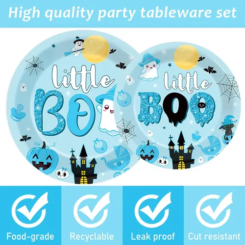 Miniatura 4 de 96 PIEZAS Platos y Servilletas de Halloween Little Boo Baby Shower para decoraciones de baby shower Boo, vajilla desechable azul y negra, platos