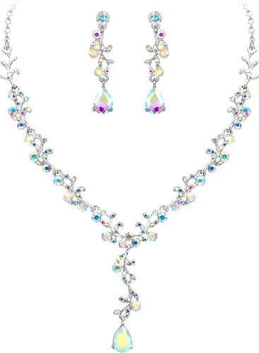 EleQueen Austrian Crystal Necklace Earrings Bridal Jewerly Set for Brides Wedding Party Dress Costume Accessories for Women Iridescent AB Silver-Tone