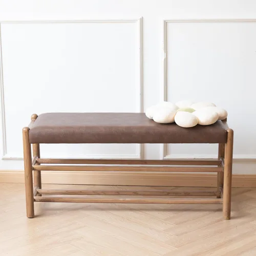 Miniatura 9 de Banco de madera maciza para entrada con almacenamiento para zapatos, diseño rústico en roble y tejido, 39.4 pulgadas de largo, asiento para sala