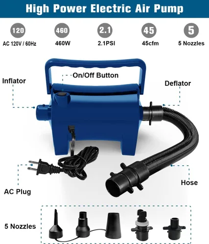 Miniatura 3 de Bomba de aire eléctrica Artigarden portátil de 460W, bomba de aire de llenado rápido de 45CFM 2.1PSI con manguera, 5 boquillas, bomba Azul océano