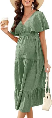 KOJOOIN Vestido de maternidad para mujer, cuello en V, manga corta, fruncido y escalonado, plisado, vestido midi para sesión de fotos, baby shower