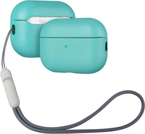 Lopie Funda de piel para AirPods Pro de 2ª generación, azul cian, funda protectora totalmente envuelta con piel de cordero, protección de 360