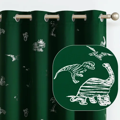 Miniatura 11 de Vangao - Cortinas para niños con impresión de dinosaurio en negro, cortinas opacas para guardería, habitación de niñas y niños, estampado plateado