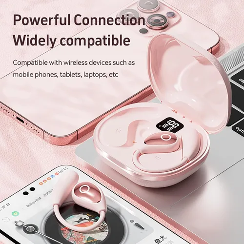 Miniatura 8 de Auriculares de oreja abierta rosa para mujer, auriculares inalámbricos Bluetooth 5.4 para orejas pequeñas, conducción de aire, ajuste cómodo, tiempo