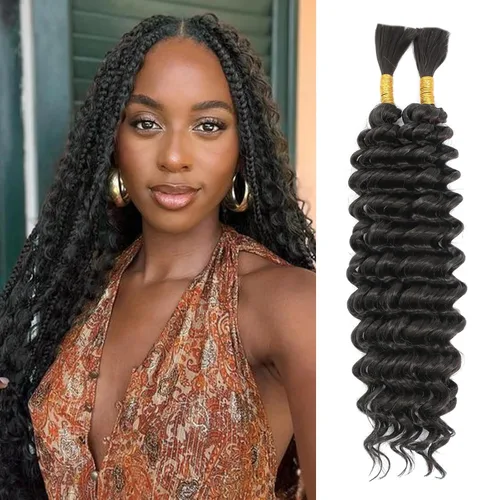 Miniatura 22 de Mezcla de cabello humano trenzado sintético bohemio para trenzar, 16 pulgadas de onda profunda a granel para trenzas bohemias, 2 piezas de cabello 1b
