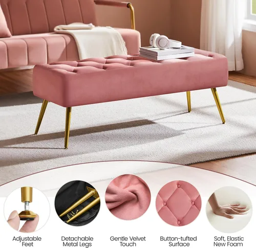 Miniatura 7 de Yaheetech Banco Otomano Moderno de Terciopelo Banco Tapizado Reposapiés para Sala de Estar con Patas de Metal Dorado y Asiento Acolchado Rosa