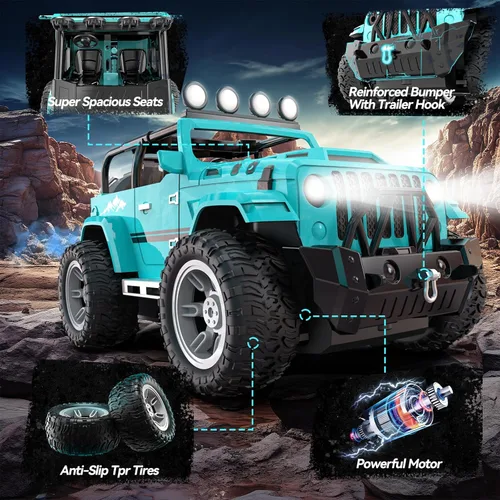 Miniatura 4 de DEERC Coche de Control Remoto con Neblina y Música, Camión de Control Remoto 1:16 para Niños, Juguete de Coche RC de 2.4Ghz con 2 Baterías, Regalo