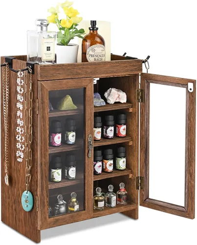 Miniatura 15 de Ikee Design Armario de almacenamiento de madera para encimera. Organizador personalizable con estantes ajustables, puerta de ventana de vidrio