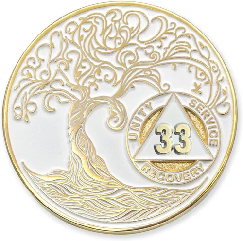 Miniatura 235 de 20 Year Sobriety Mint Twisted Tree of Life - Medallón de recuperación AA chapado en oro, fichas y fichas, color negro