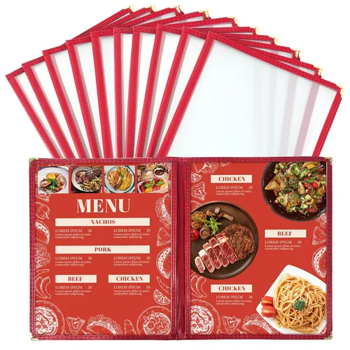 Miniatura 13 de Cubiertas de menú de 8.5 x 11 pulgadas, paquete de 10 soportes para menú de vista de página, cubierta roja para menú de restaurante para papel de 8